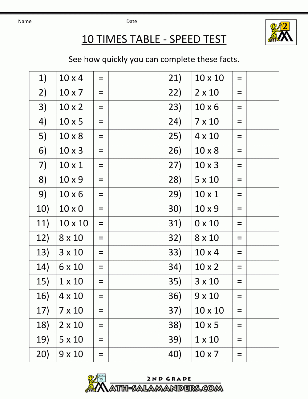 10 Times Table | Times Tables Worksheets Printable