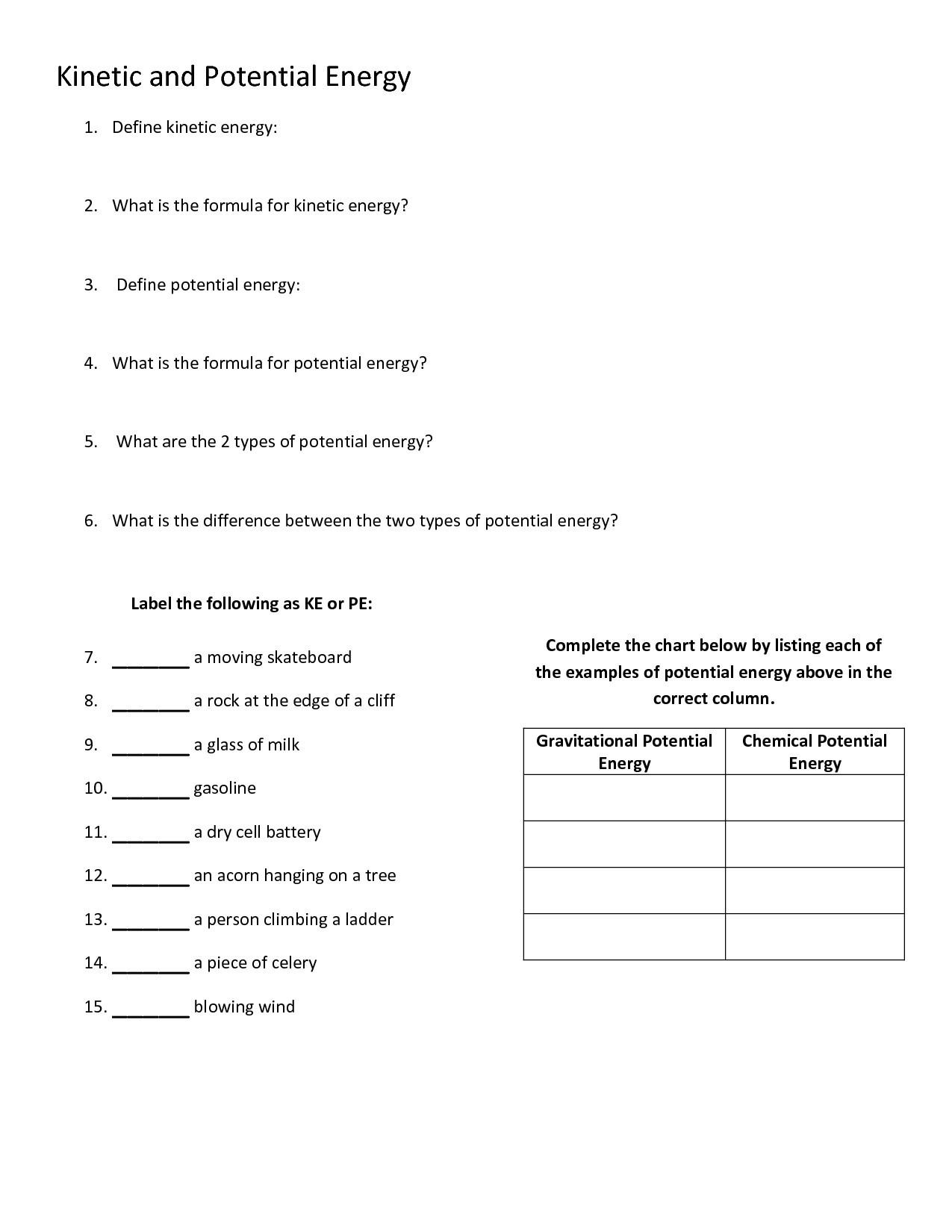 15 Potential And Kinetic Energy Worksheet 6Th Grade - Kilimandjarouk | Free Printable Worksheets On Potential And Kinetic Energy