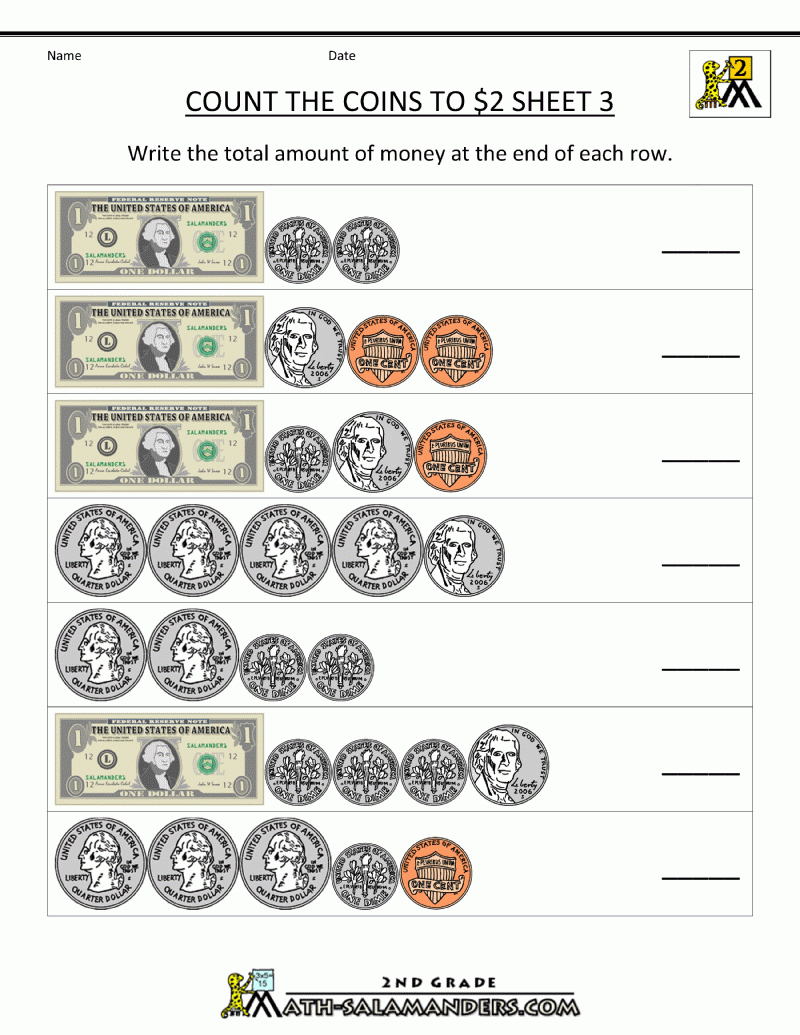 2Nd Grade Money Worksheets Up To $2 | Counting Money Printable Worksheets
