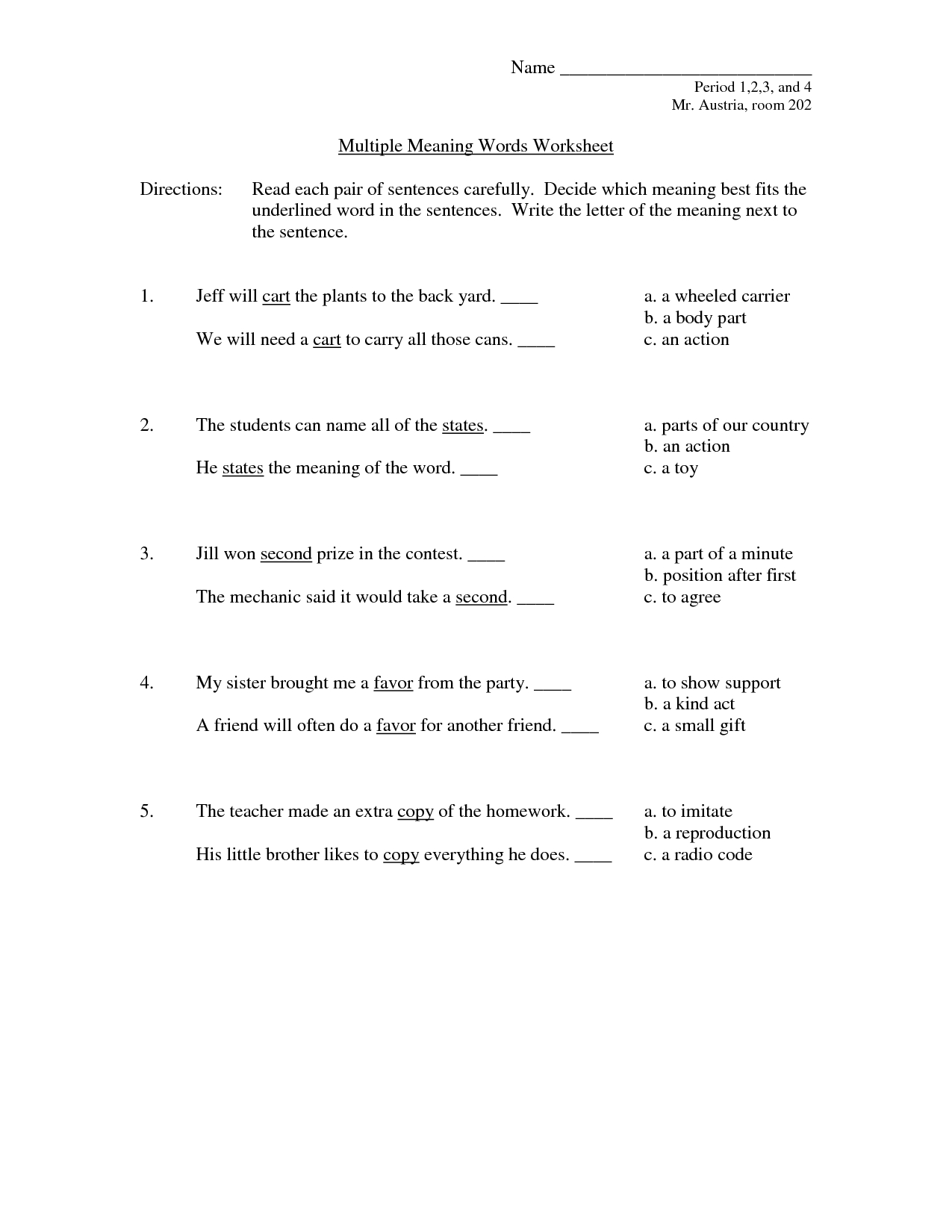2Nd Grade Multiple Meaning Words Worksheets Multi Meanings Middle | Free Printable Multiple Meaning Words Worksheets