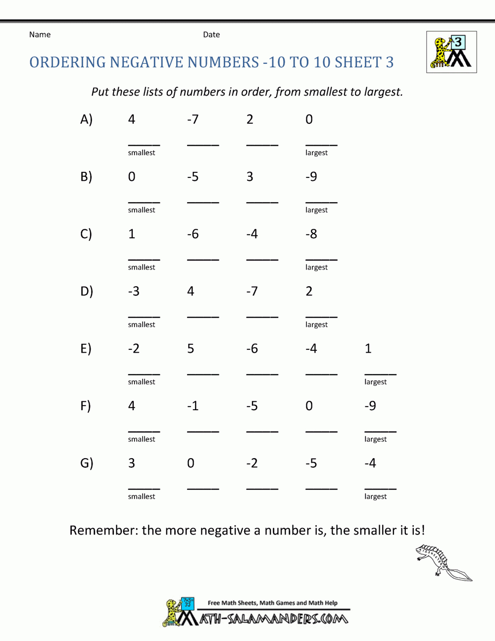 3Rd Grade Math Ordering Numbers From -10 To 10 | Printable 3Rd Grade Math Worksheets