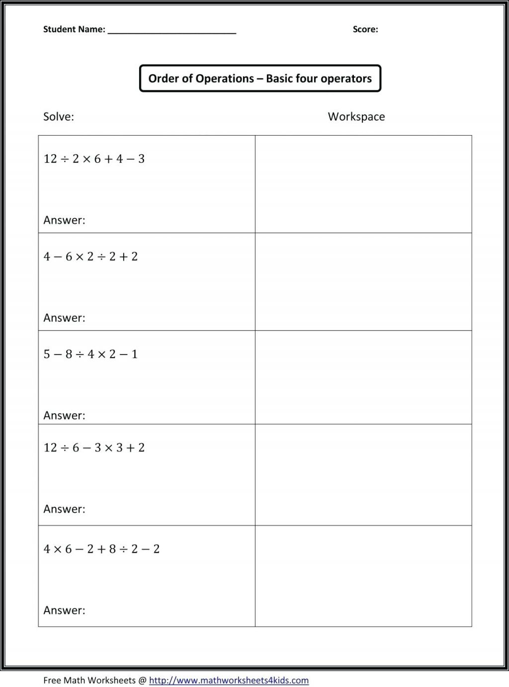 Math Worksheets 5Th Grade Complex Calculations Printable Pemdas 