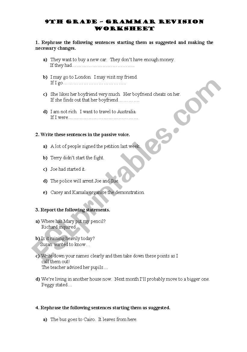 9Th Grade Grammar Revision Worksheet - Esl Worksheetolinda | 9Th Grade English Worksheets Free Printable