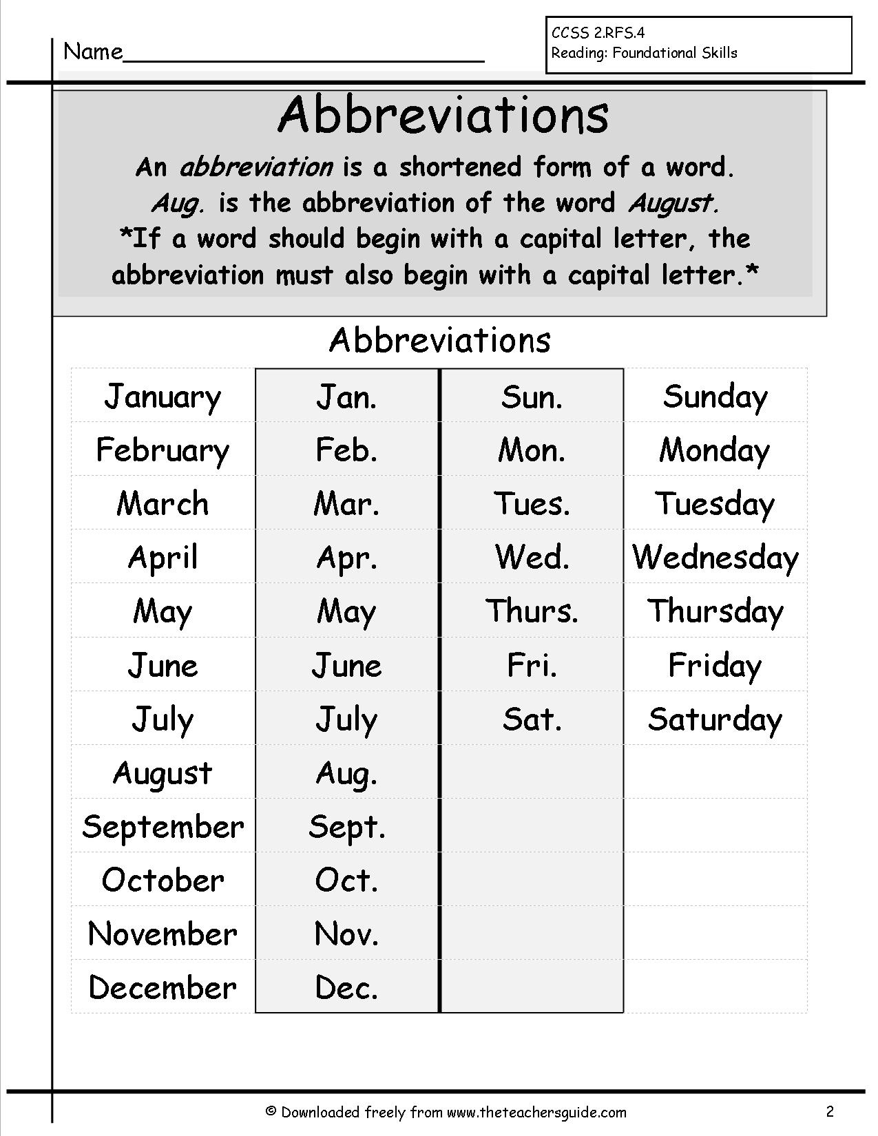 Abbreviations Worksheets From The Teachers Guide Free Printable Abbreviation Worksheets 1 