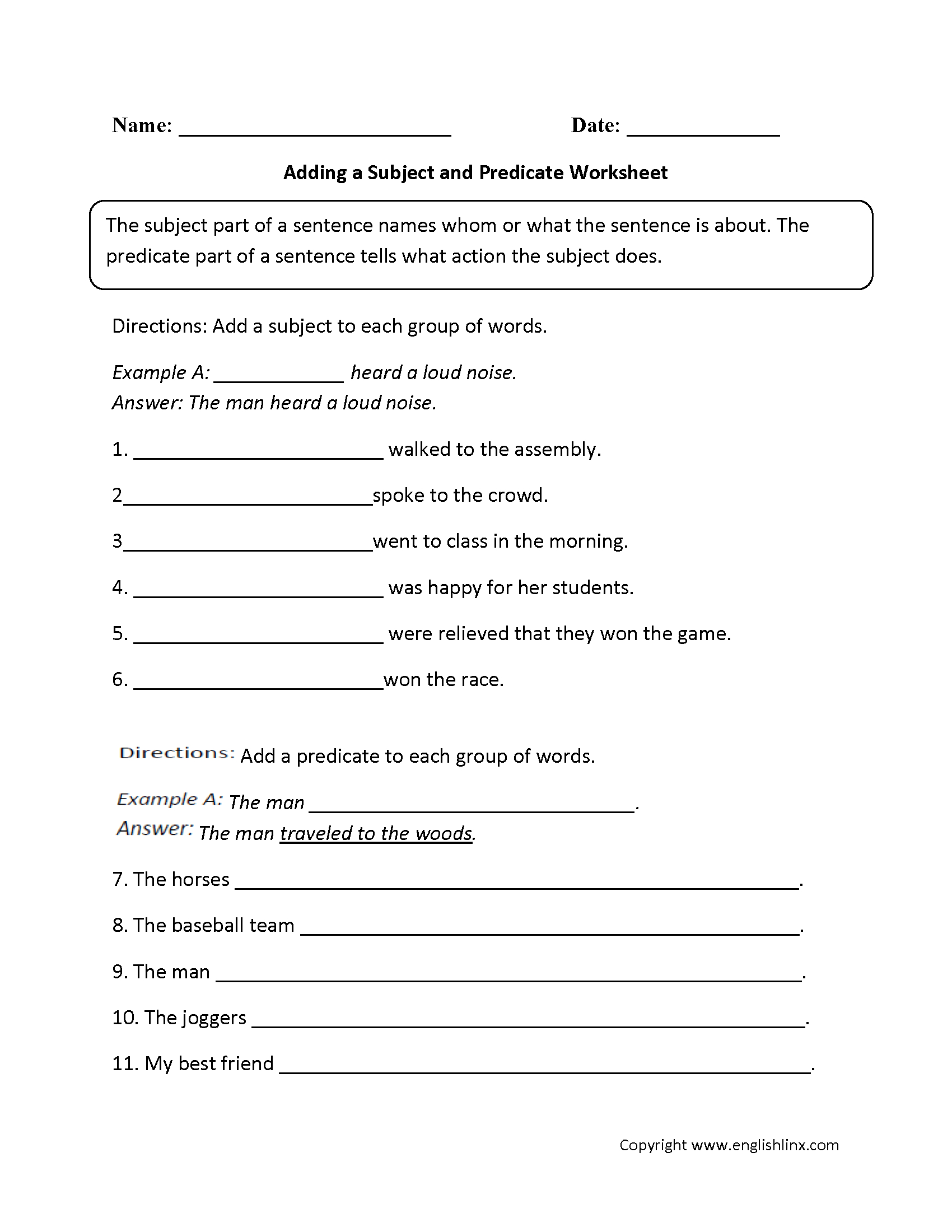 Subject Predicate And Object Worksheet Answers