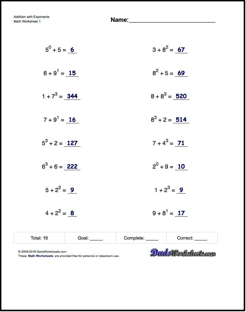 Adding Exponents Worksheets, Including Simple Problems Where - Free | Free Printable Math Worksheets For 6Th Grade