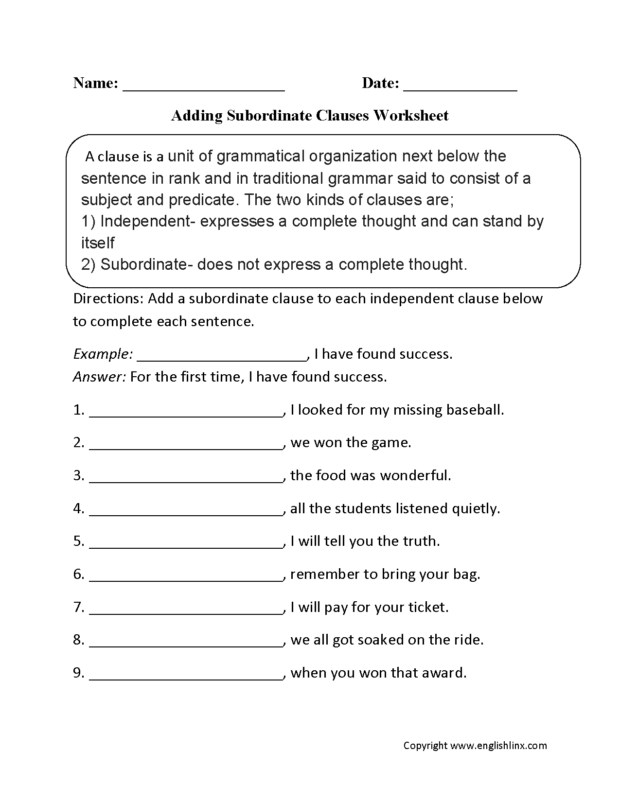 Adding Subordinate Clauses Worksheet | Englishlinx Board | Printable Grammar Worksheets For Middle School
