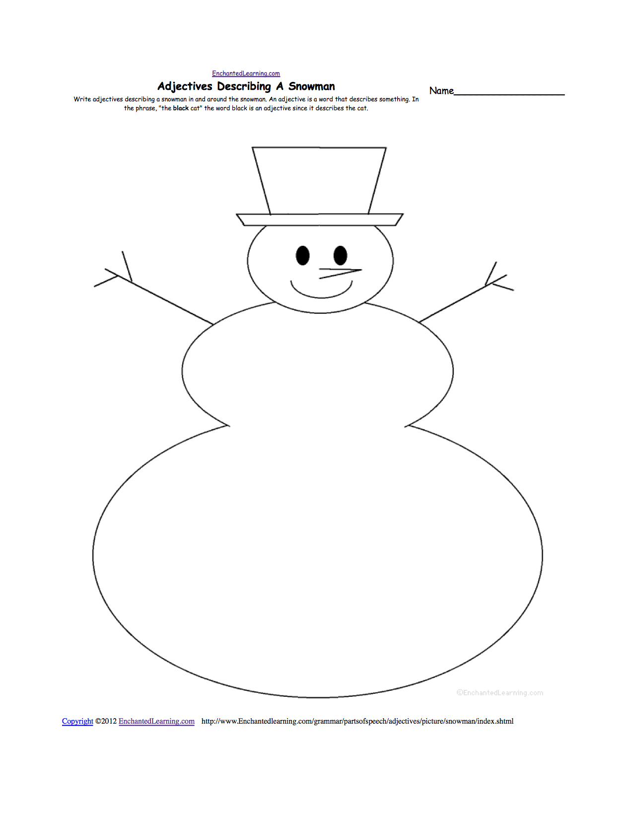 Adjectives Describing A Snowman Printable Worksheet Snowman