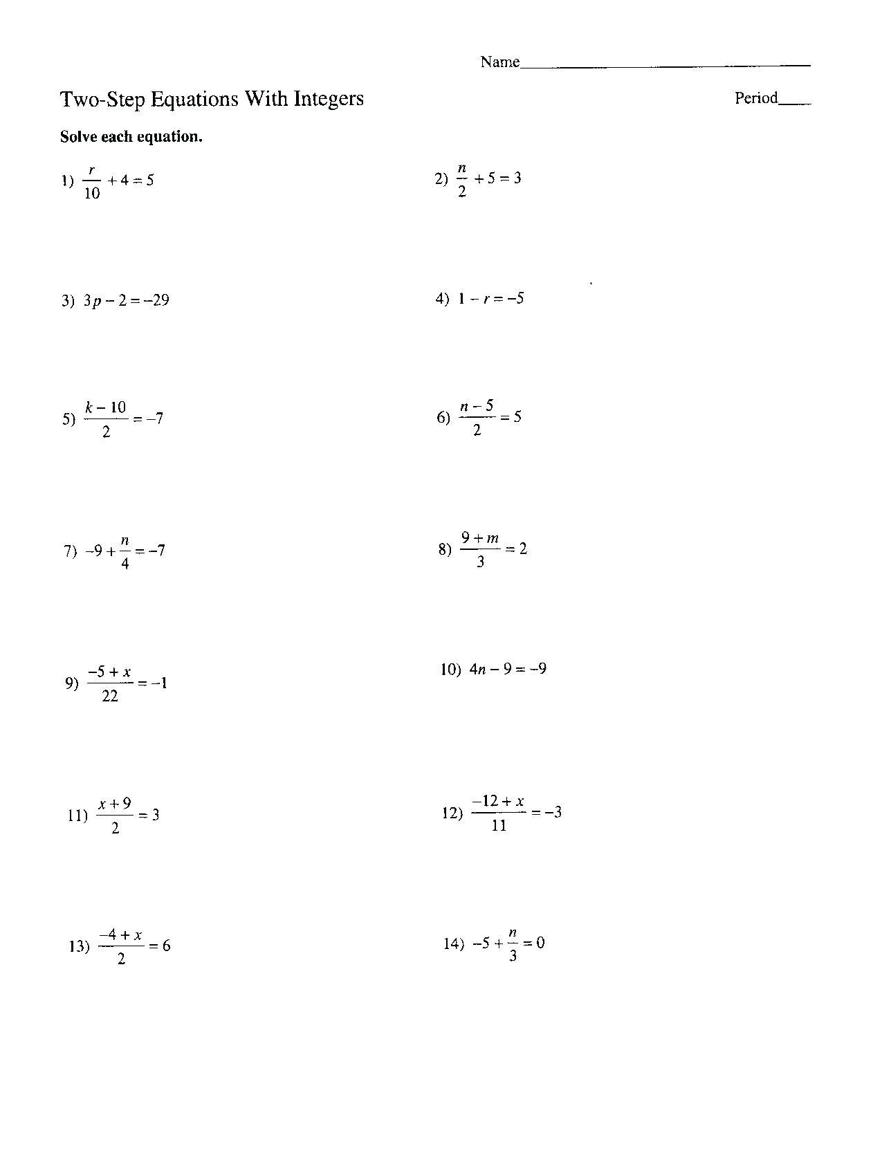 Free Worksheets For Linear Equations Grades 6 9 Pre Algebra Printable Solving Equations