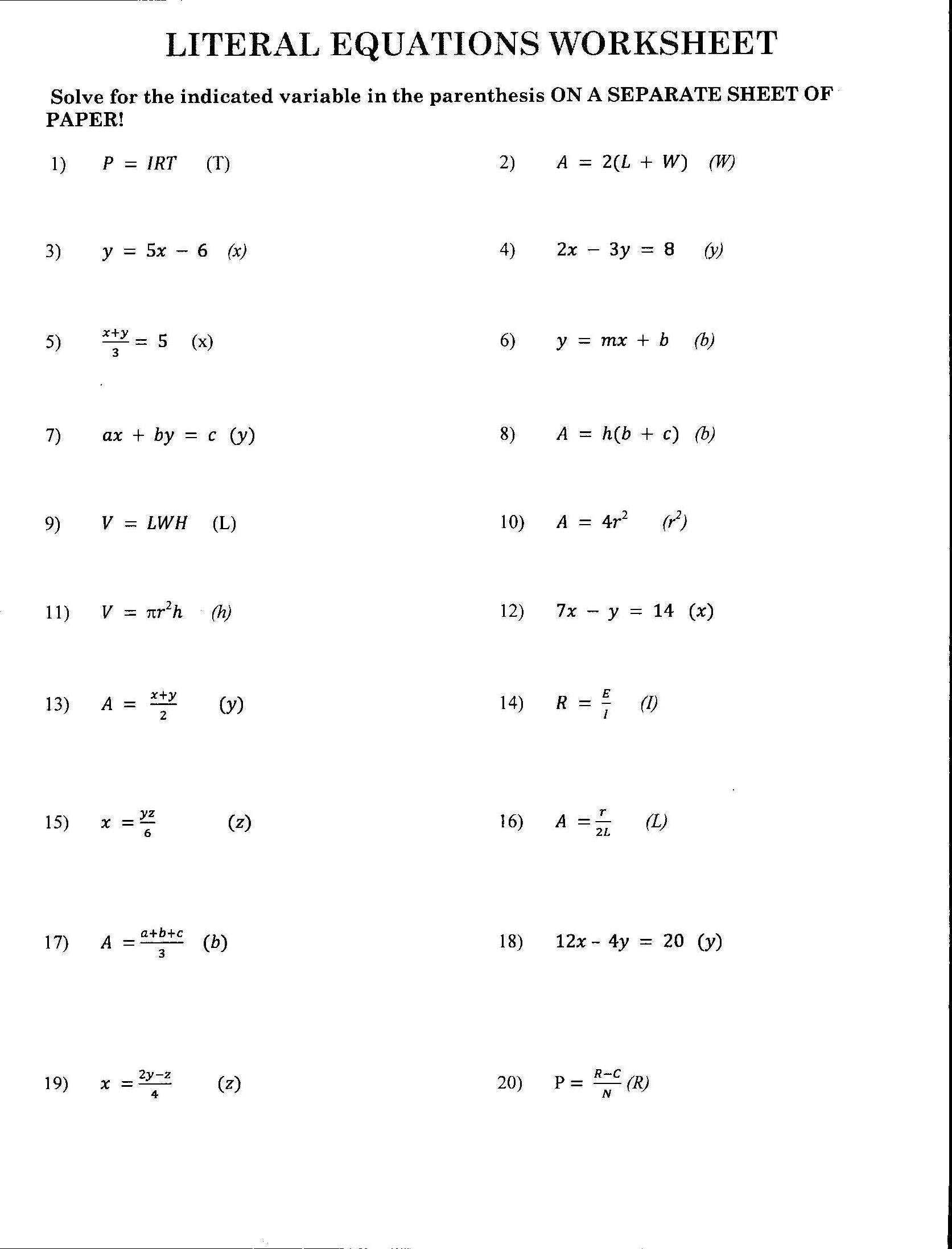 Algebra 8th Grade Worksheets