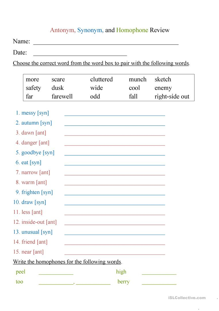 Antonyms, Synonyms, And Homophones Worksheet - Free Esl Printable | Free Printable Worksheets Synonyms Antonyms And Homonyms