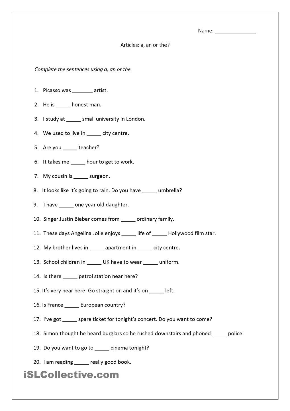 Articles Worksheet (A, An, The) Includes Answers. | Teaching - 2Nd | Free Printable Worksheets On Articles For Grade 1