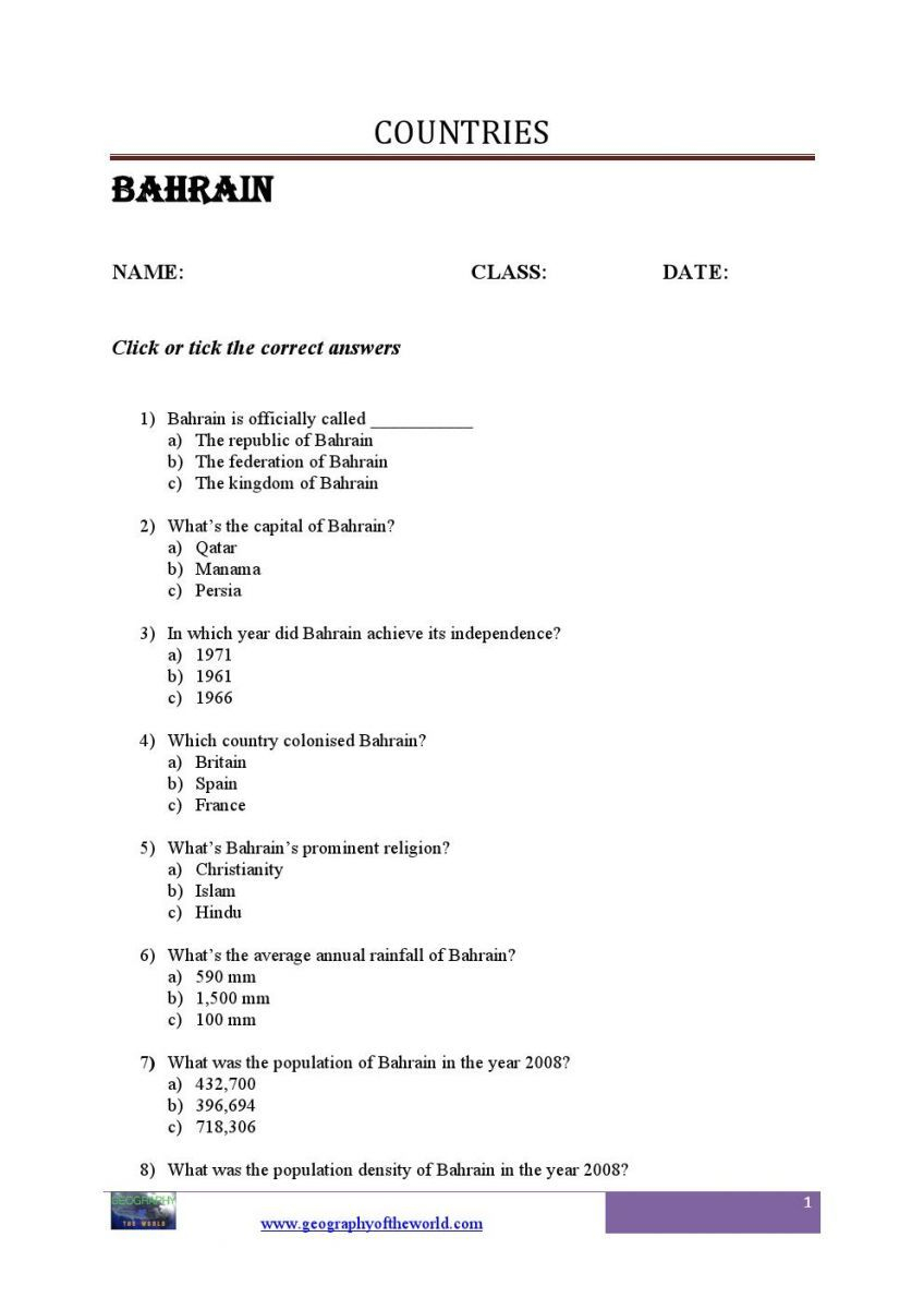 Bahrain Country Information Worksheet | List Of Countries Of The | Brazil Worksheets Free Printables