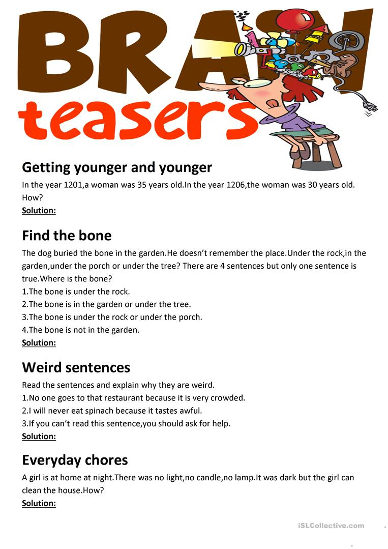 Brain Teasers(With Answer Key) Worksheet - Free Esl Printable | Printable Brain Teaser Worksheets For Adults