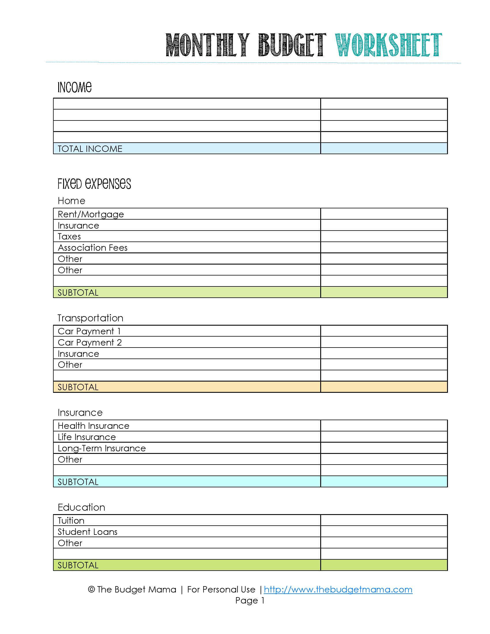 Budget Worksheets For Beginners - Koran.sticken.co | Printable Budget Worksheet
