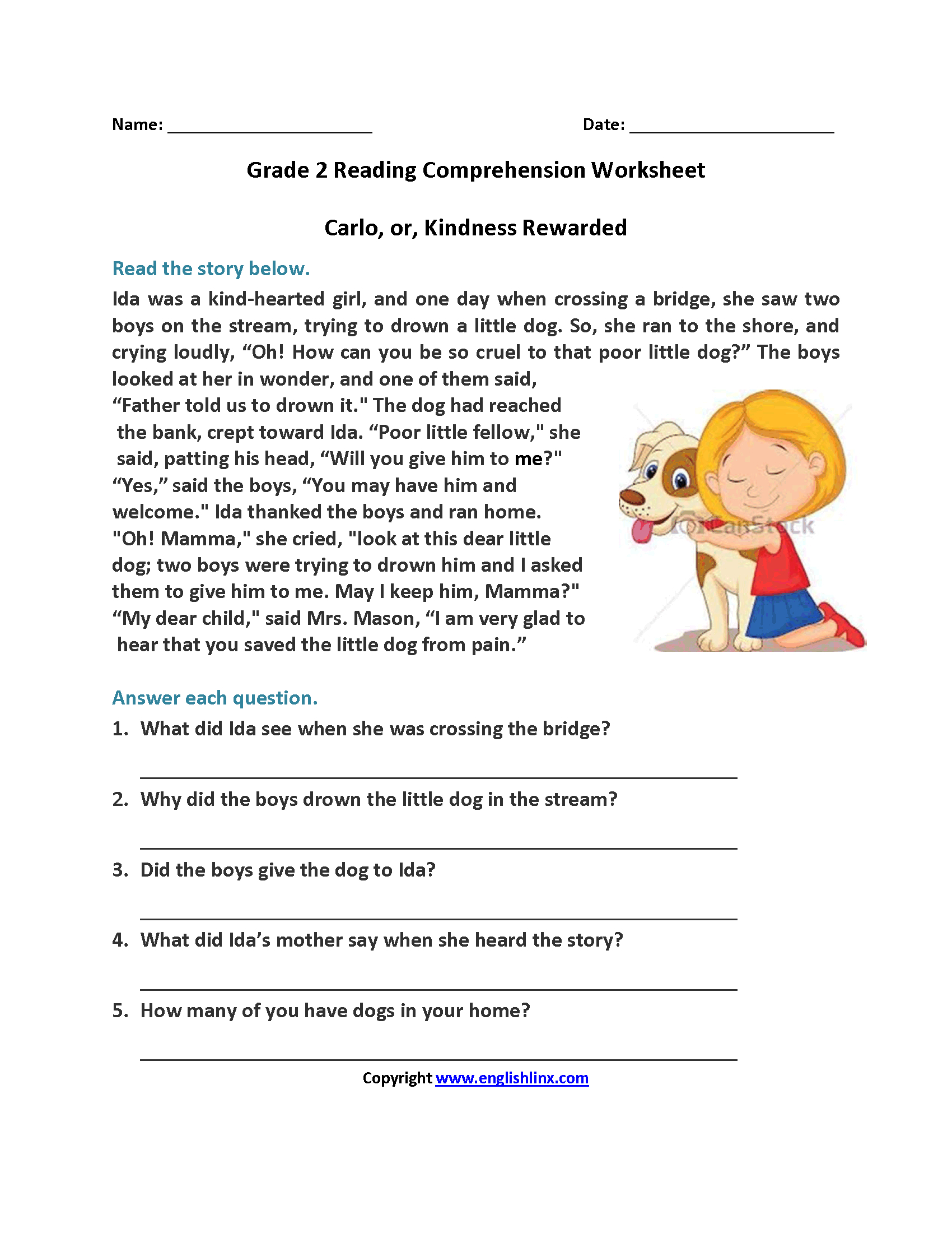 Carlo Or Kindness Rewarded Second Grade Reading Worksheets | Reading | Free Printable Reading Comprehension Worksheets Grade 5