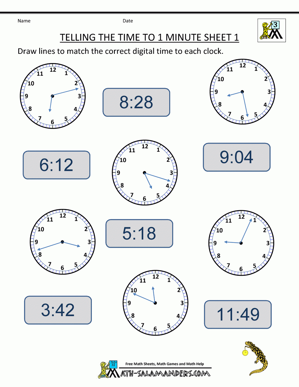 Clock Worksheets - To 1 Minute | Telling Time Worksheet Printable