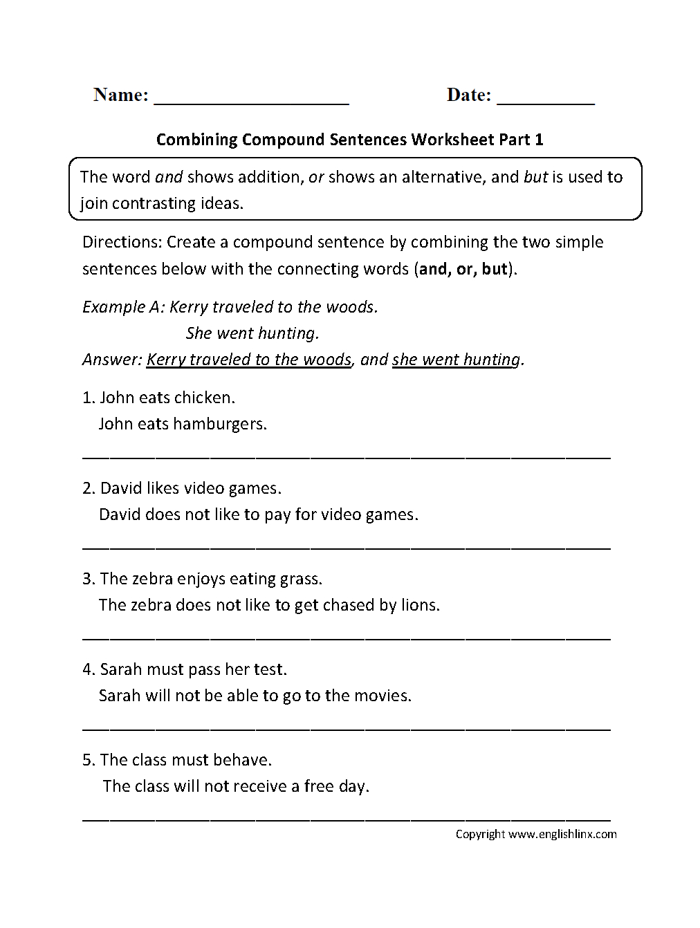 Worksheet Combining Independent Clauses Into A Compound Sentence