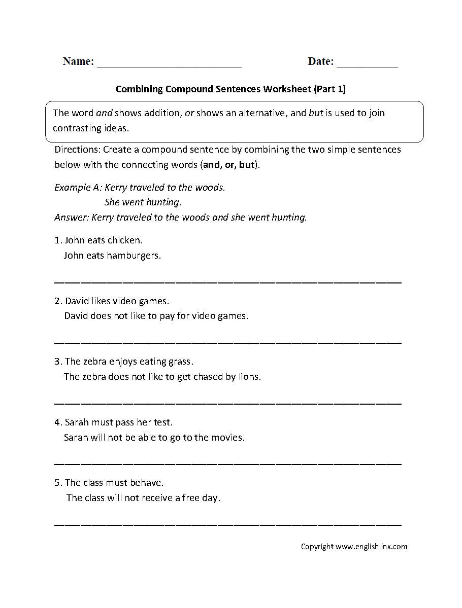 Combining With Compound Sentences Worksheet Part 1 | Sentencessimple | Free Printable Worksheets On Simple Compound And Complex Sentences