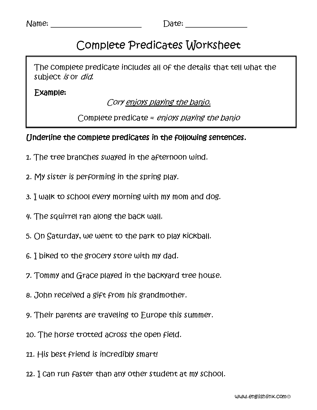 Complete Predicates Worksheet | Englishlinx Board | Subject | Free Printable Subject Predicate Worksheets 2Nd Grade