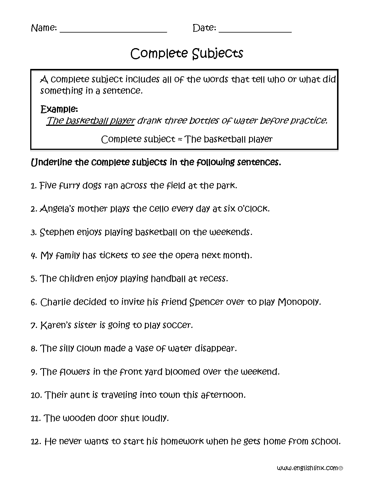 Simple Subject And Simple Predicate Worksheet With Answer Key