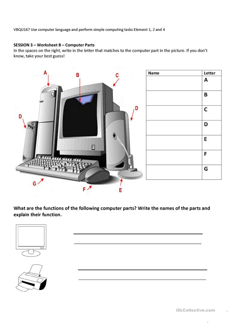 Computer Parts And Their Functions Worksheet - Free Esl Printable | Computer Worksheets Printables