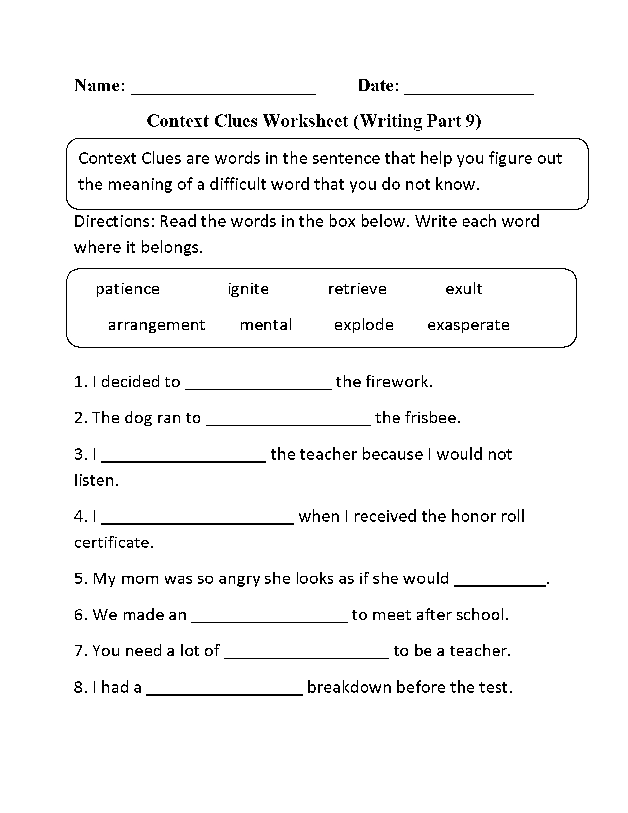 Context Clues Worksheet Writing Part 9 Intermediate | Context Clues | Free Printable Context Clues Worksheets