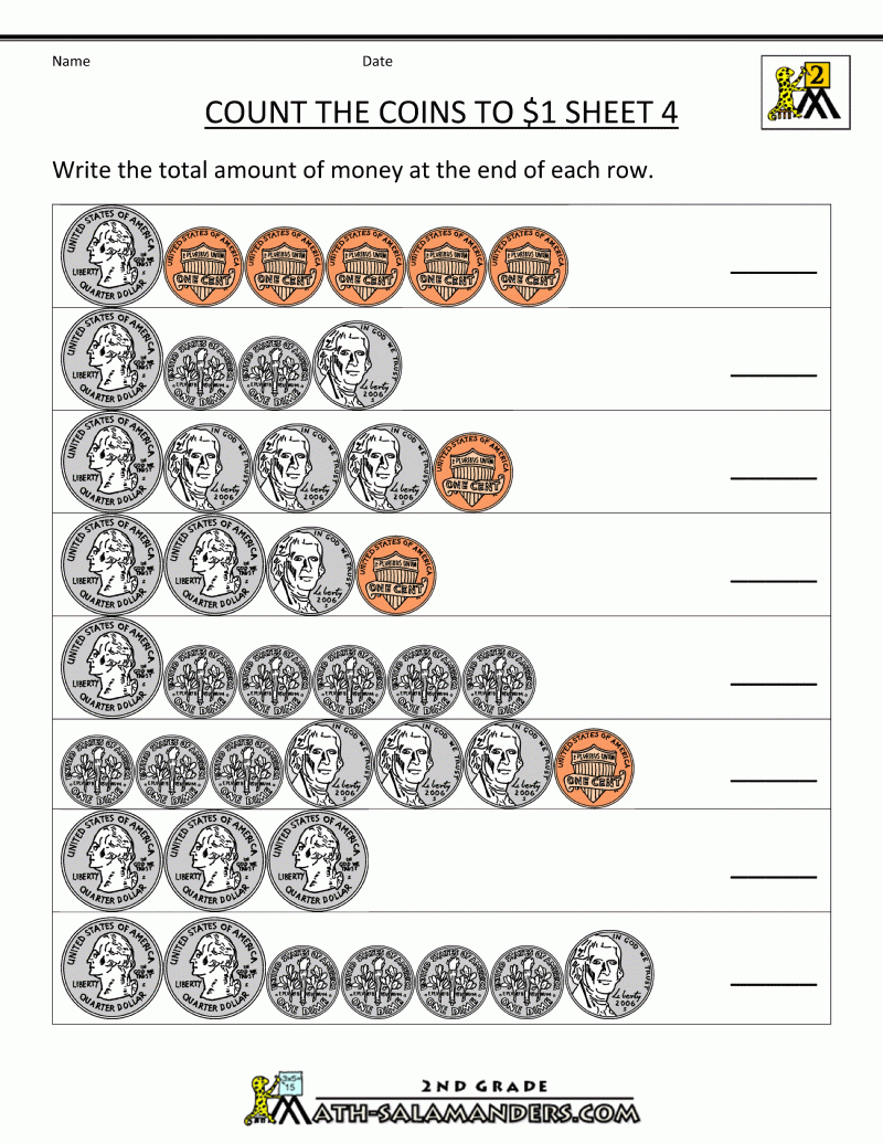 Counting Money Worksheets Up To $1 | First Grade Money Worksheets Printable