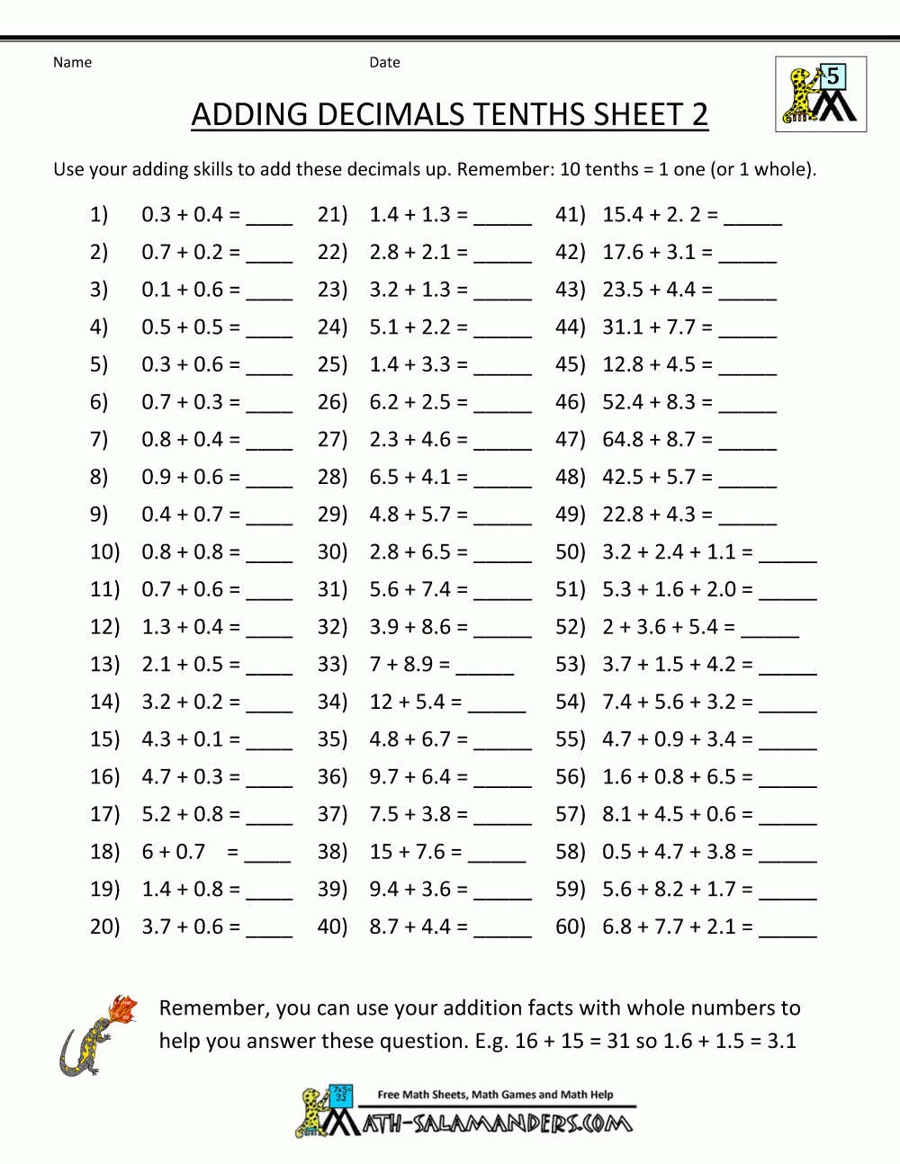 Decimal Math Worksheets Addition | Printable Math Worksheets