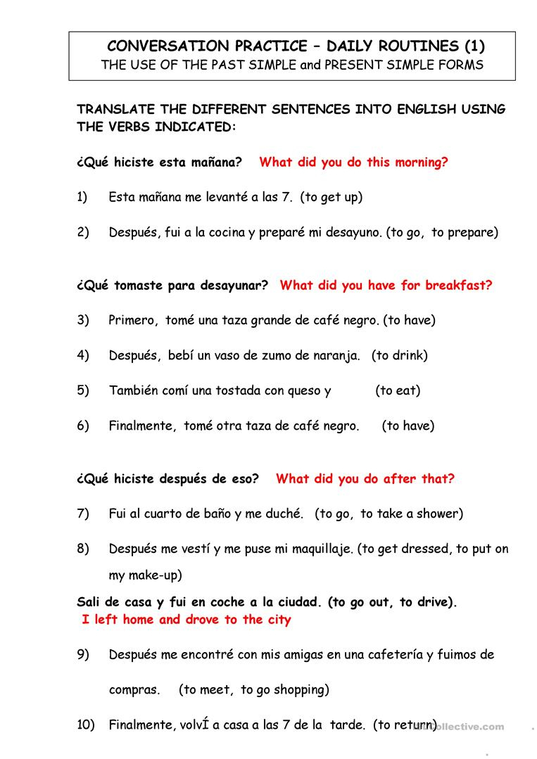 Dialy Routines. Translate From Spanish To English Worksheet - Free | English Worksheets Printables