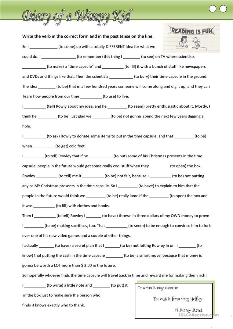 Diary Of A Wimpy Kid (Fill In Missing Verbs In The Past Tense | Diary Of A Wimpy Kid Printable Worksheets