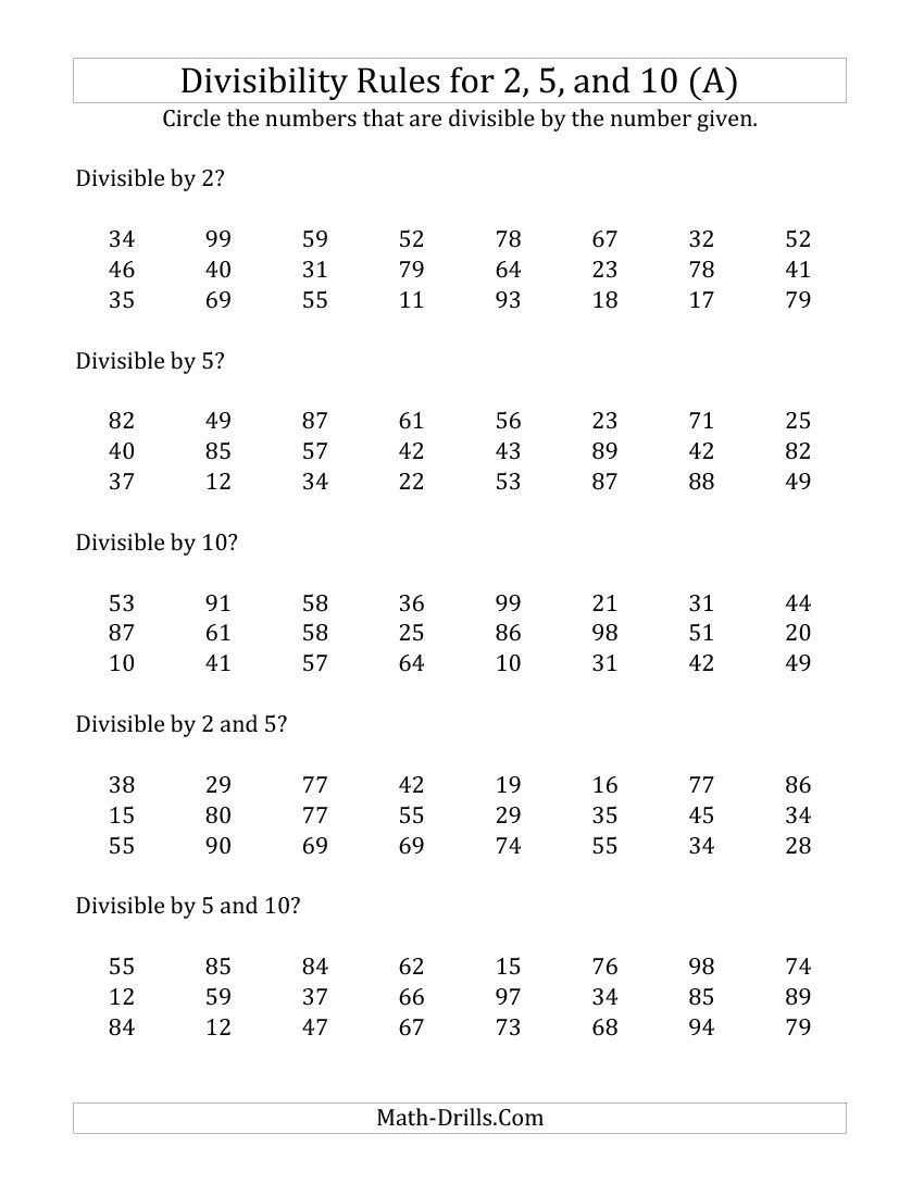Divisibility Rules For 2, 5 And 10 (2 Digit Numbers) (A) Math | Divisibility Worksheets Printable