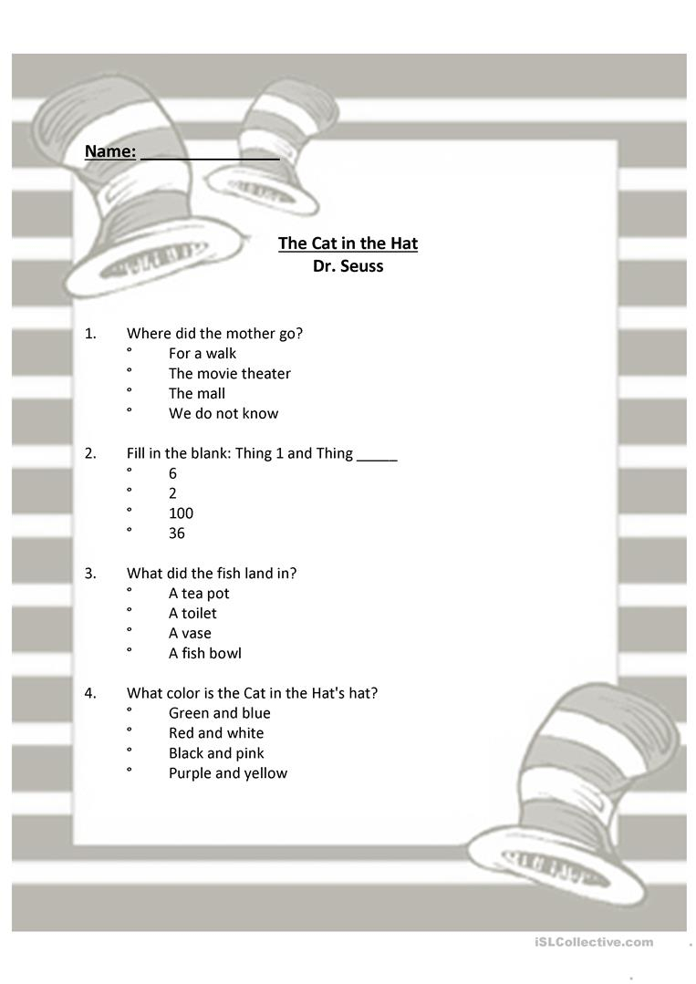 Dr Seuss - The Cat In The Hat Worksheet - Free Esl Printable | Cat In The Hat Free Printable Worksheets