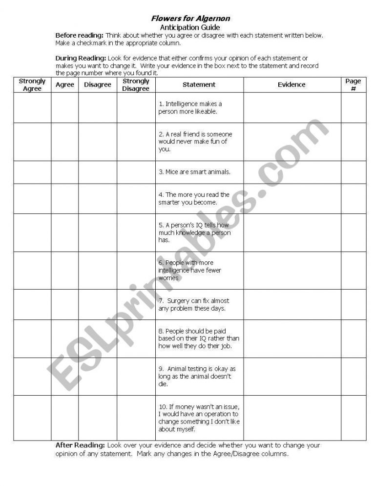 English Worksheets Flowers For Algernon Anticipation Guide Flowers