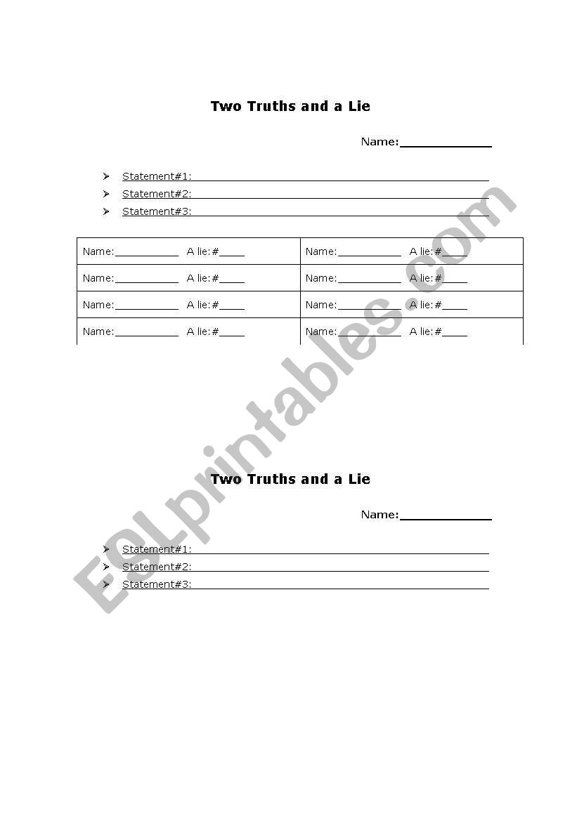 English Worksheets: Two Truths And A Lie | Two Truths And A Lie Worksheet Printable