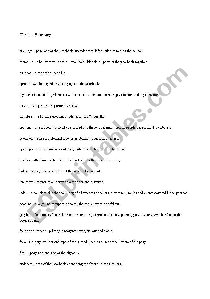 English Worksheets: Yearbook Vocabulary | Yearbook Printable Worksheets
