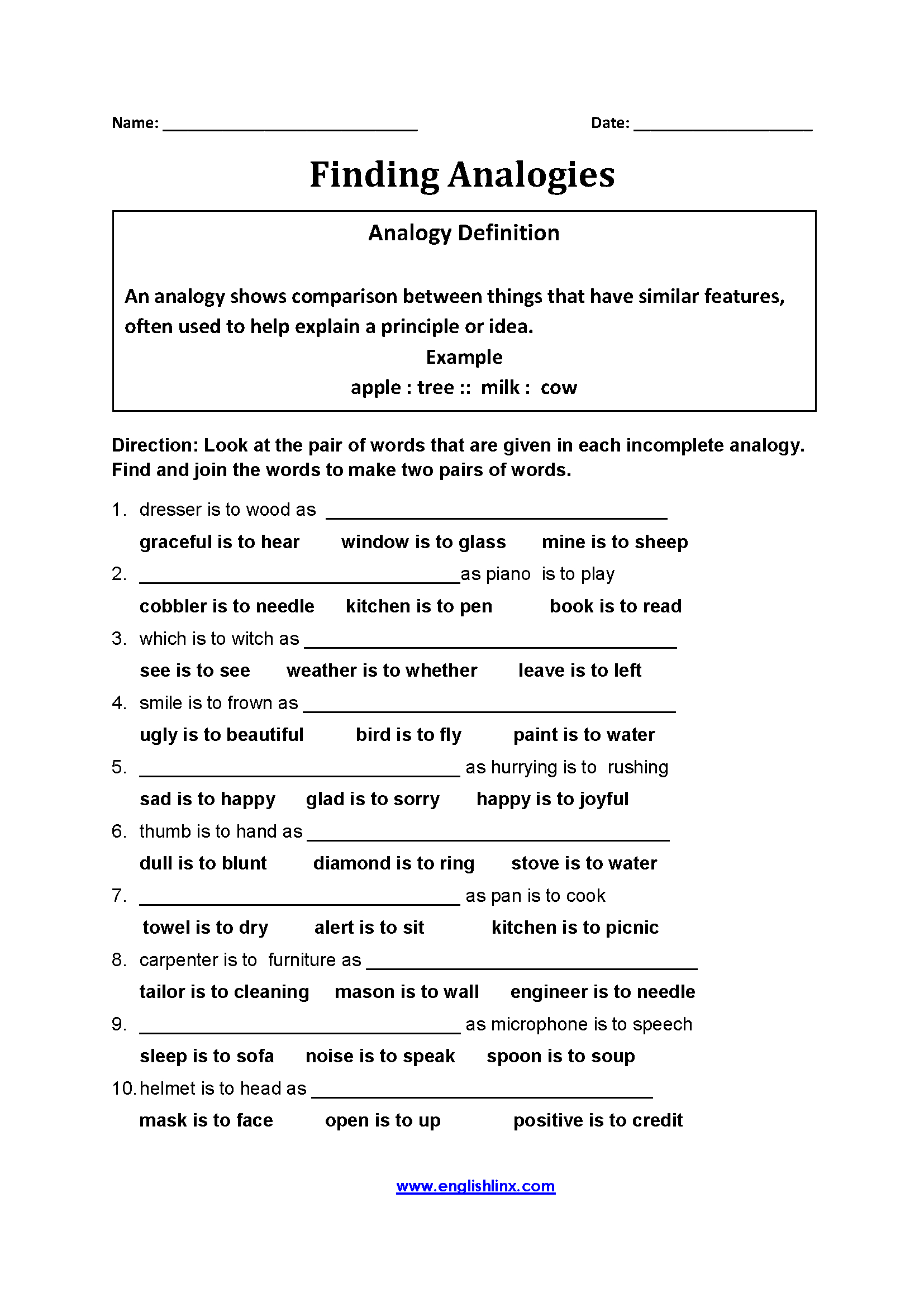 Analogy Worksheets For Middle School Printables Lexia s Blog