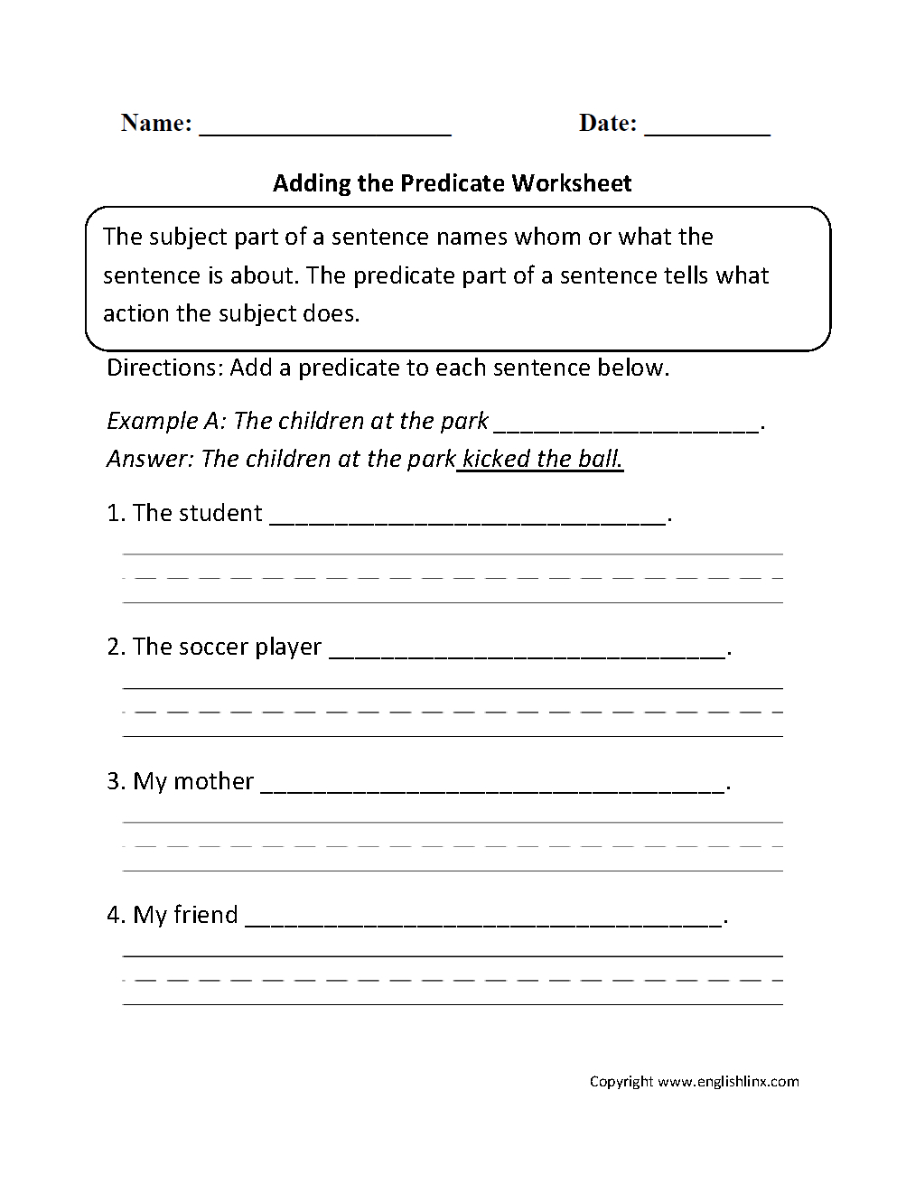 Complete Subject And Predicate Worksheet