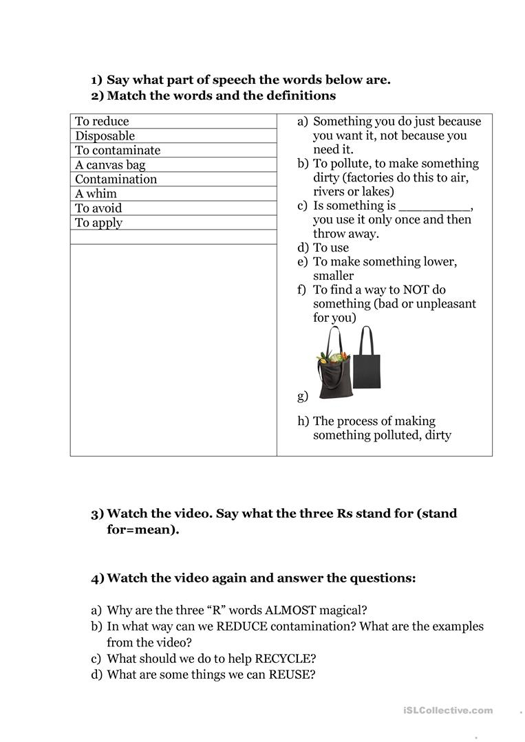 Environment, Reduce, Reuse, Recycle (Video Lesson) Worksheet - Free | Recycle Worksheets Printable