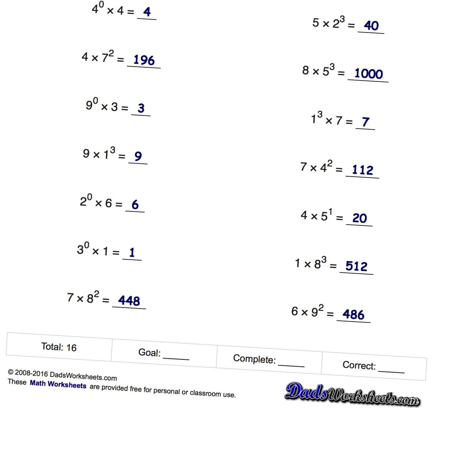 Exponents Worksheets For Computing Powers Of Ten And Scientific | Free Printable Exponent Worksheets