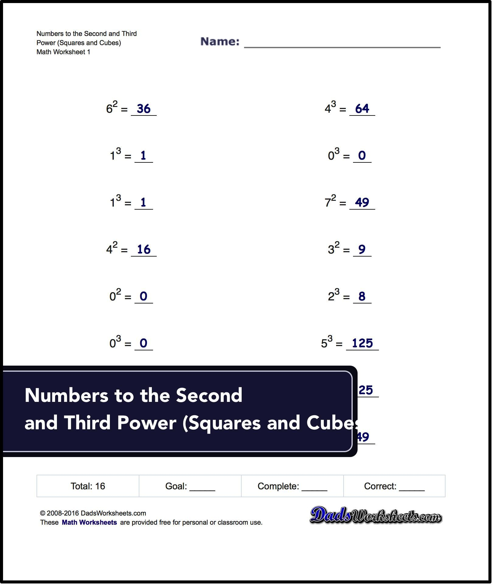 Exponents Worksheets For Numbers To The Second And Third Power | Free Printable Exponent Worksheets