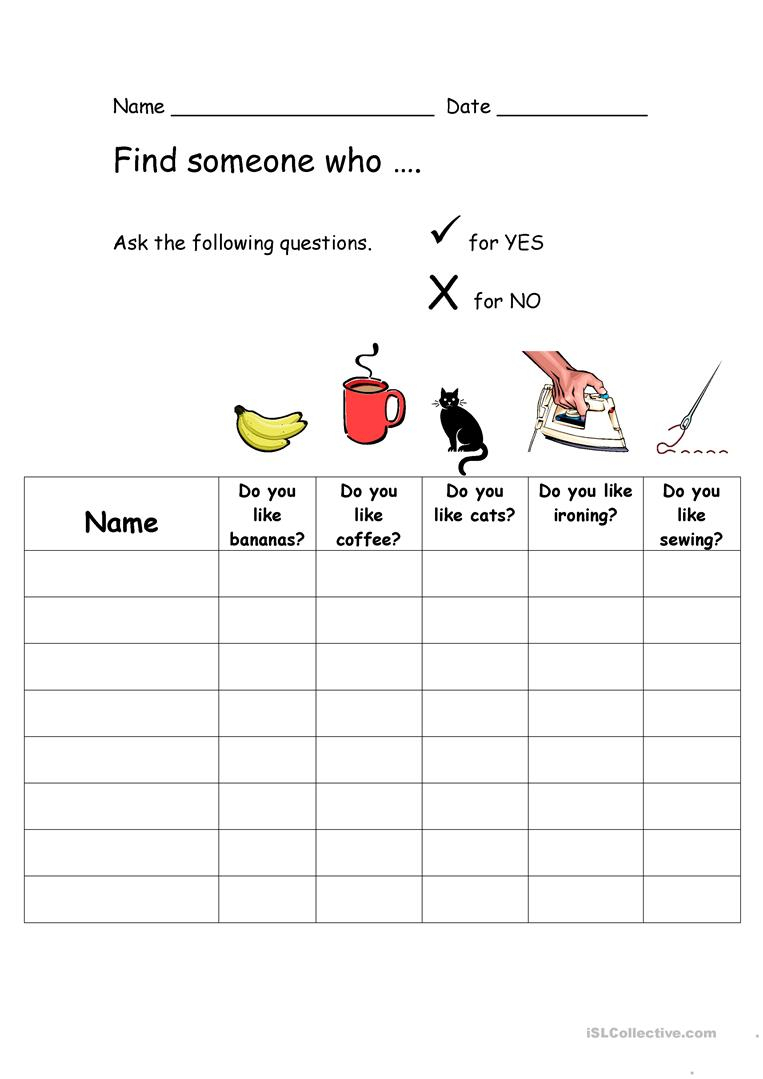 Find Someone Who Likes And Dislikes Warmer Worksheet - Free Esl | Likes And Dislikes Printable Worksheets