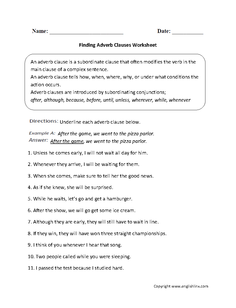 Finding Adverb Clauses Worksheet | Englishlinx Board | Adverbs | Year 10 English Worksheets Printable
