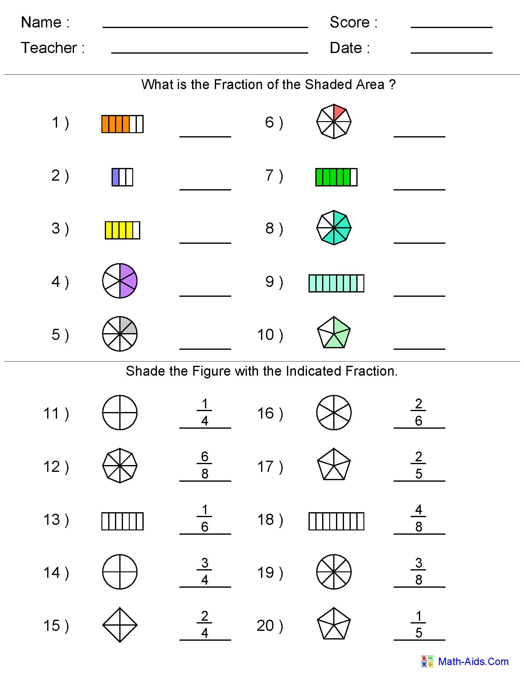 Fractions Worksheets | Printable Fractions Worksheets For Teachers | Free Printable Fraction Worksheets For Kindergarten