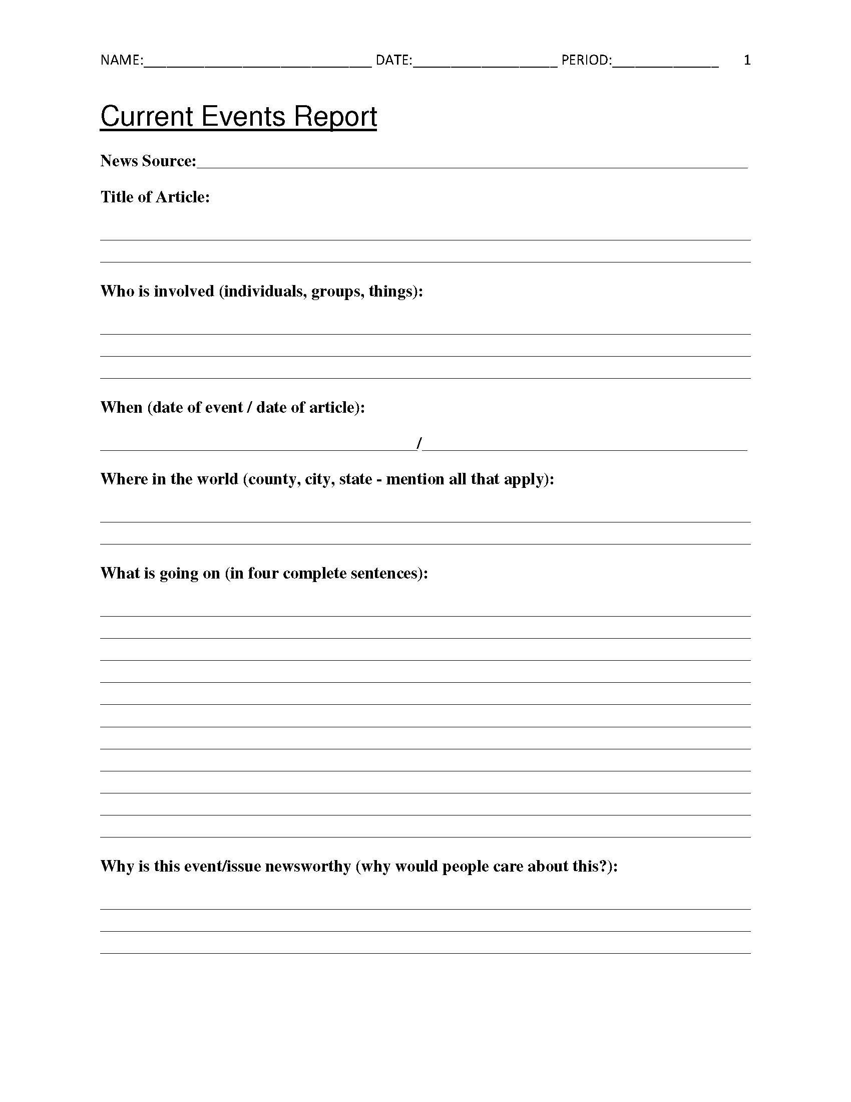 Free Current Events Report Worksheet For Classroom Teachers | Current Events Printable Worksheet