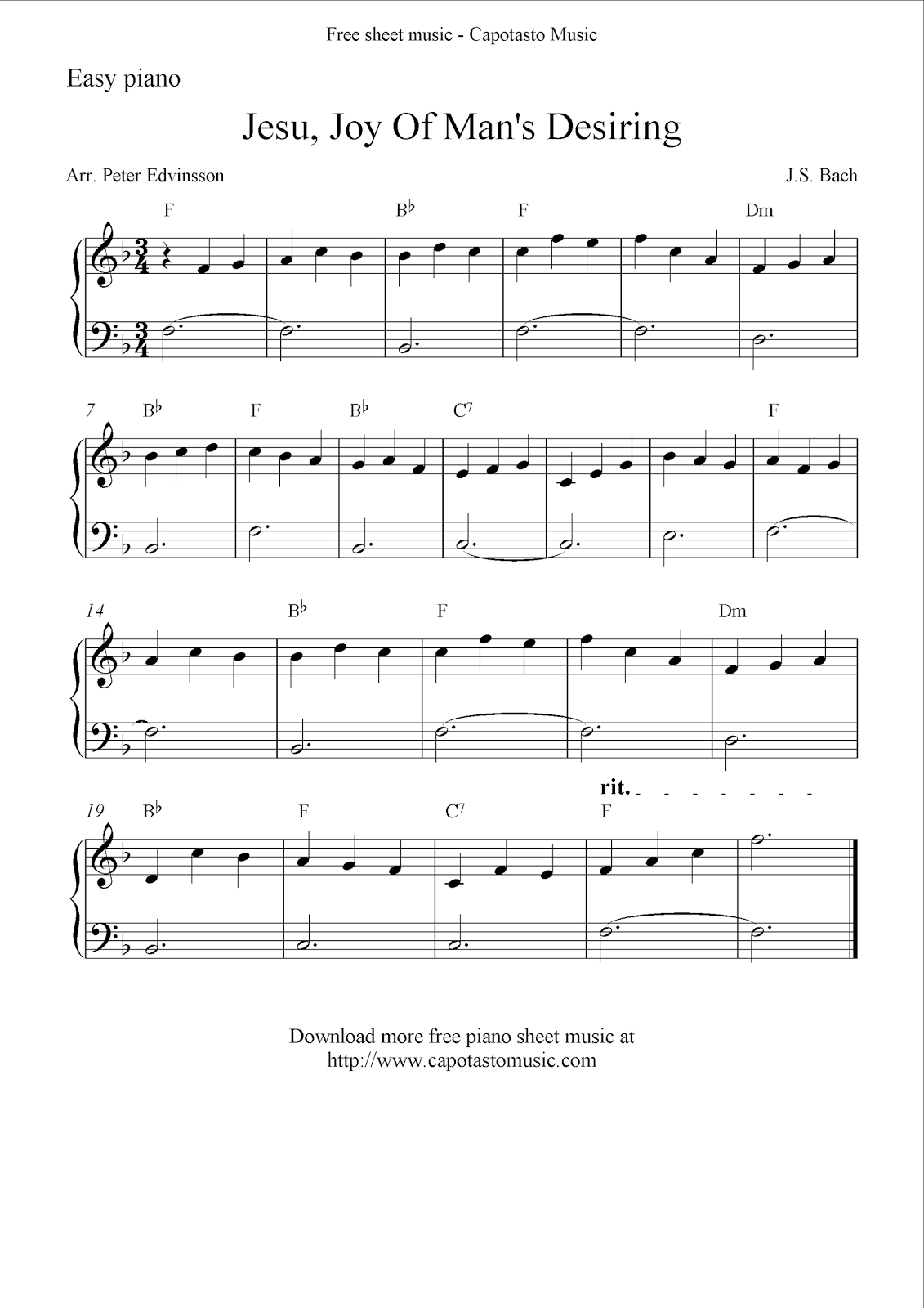 Free Easy Solo For Piano With The Melody Jesu, Joy Of Man&amp;#039;s Desiring | Beginner Piano Worksheets Printable Free