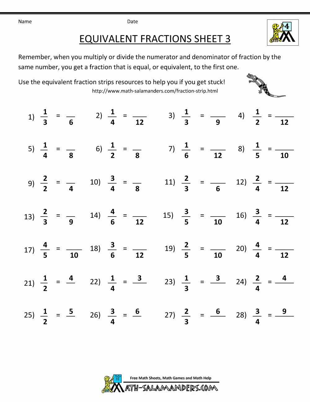 Math Worksheets Grades 1 6 Printable 4Th Grade Multiplication 4Th Grade Equivalent Fractions 