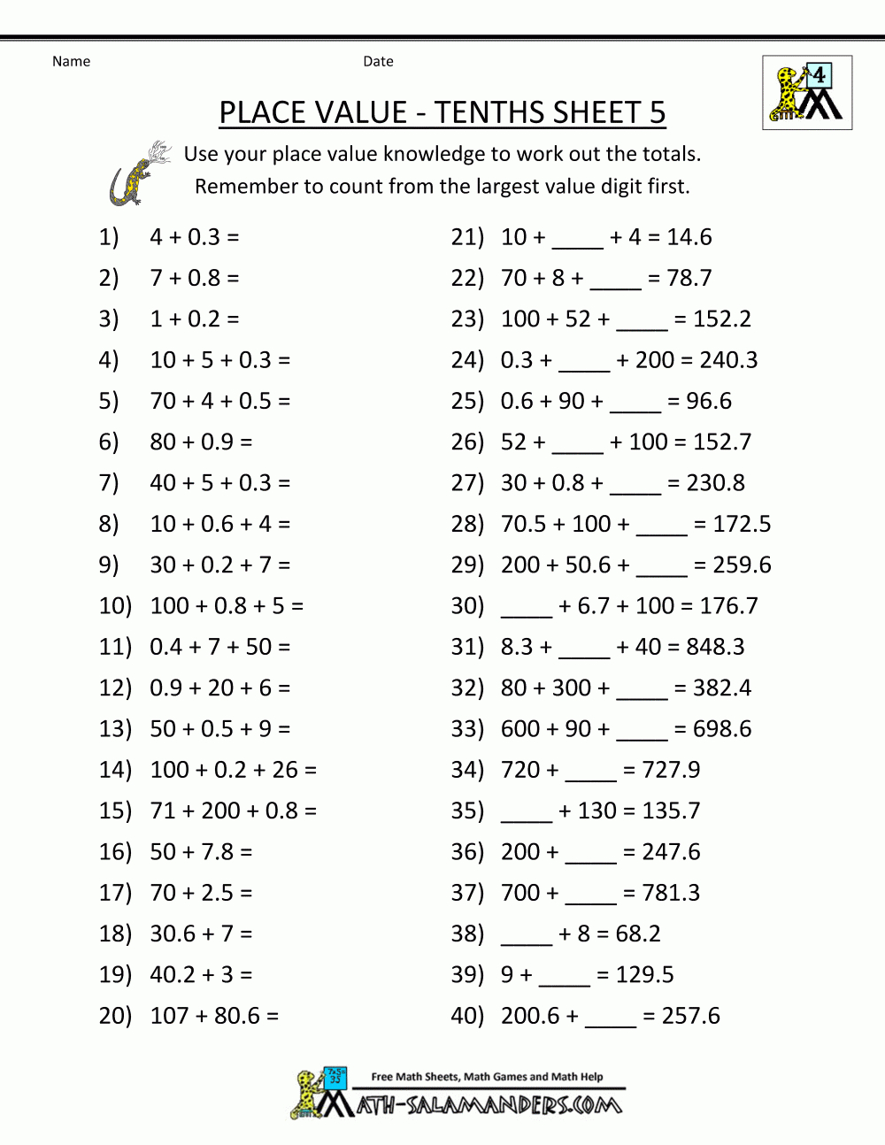 Free Online Math Worksheets Place Value Tenths 5 | Math | Math | Free Printable Decimal Place Value Worksheets