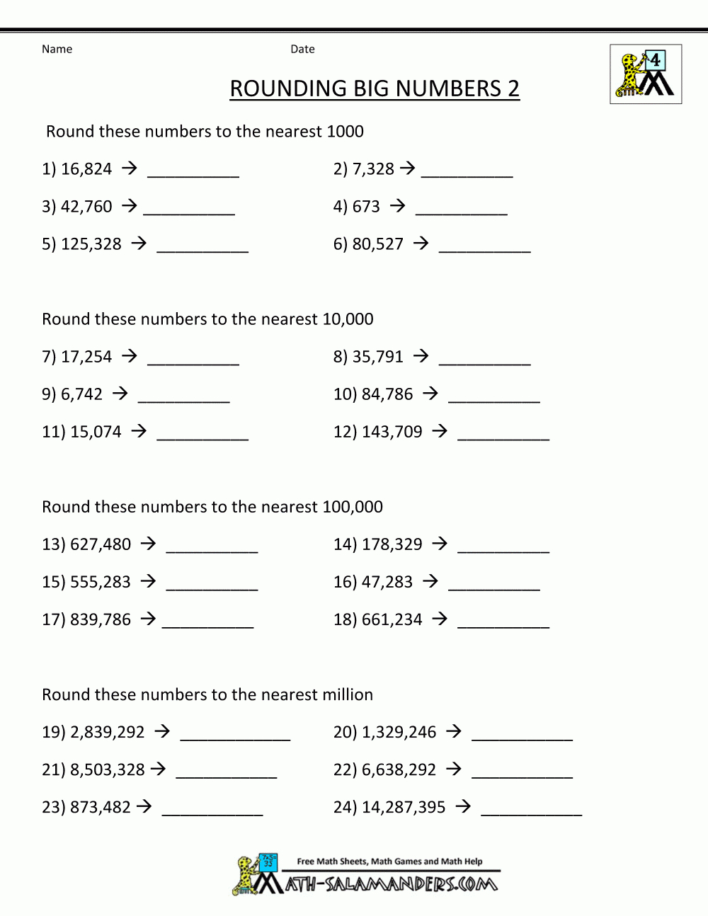Free Place Value Worksheets Rounding Big Numbers 2 | 4Th Grade Math | Free Printable Place Value Worksheets For Fifth Grade
