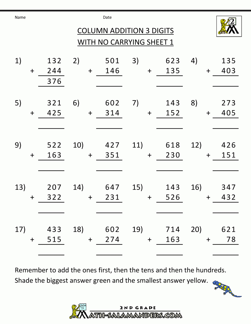 Free Printable Addition Worksheets 3 Digits | Printable Worksheets For Year 3